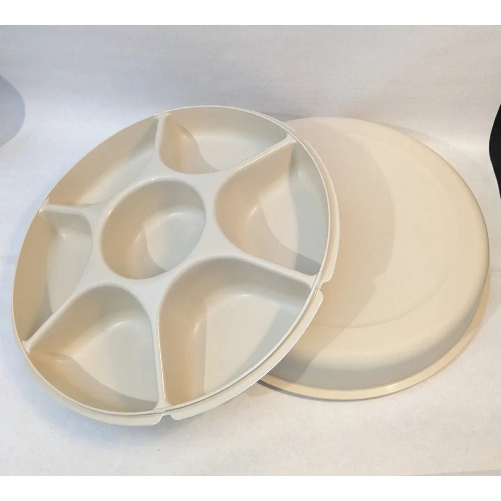 Vintage Tupperware XL Veggie Tray Almond Divided Party Relish Platter With Lid